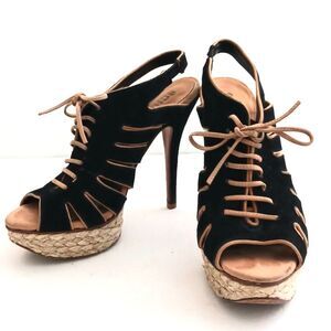 Schutz Platform Stiletto Heel Slingback Lace Up Blk Suede Raffia Trim Sz 6